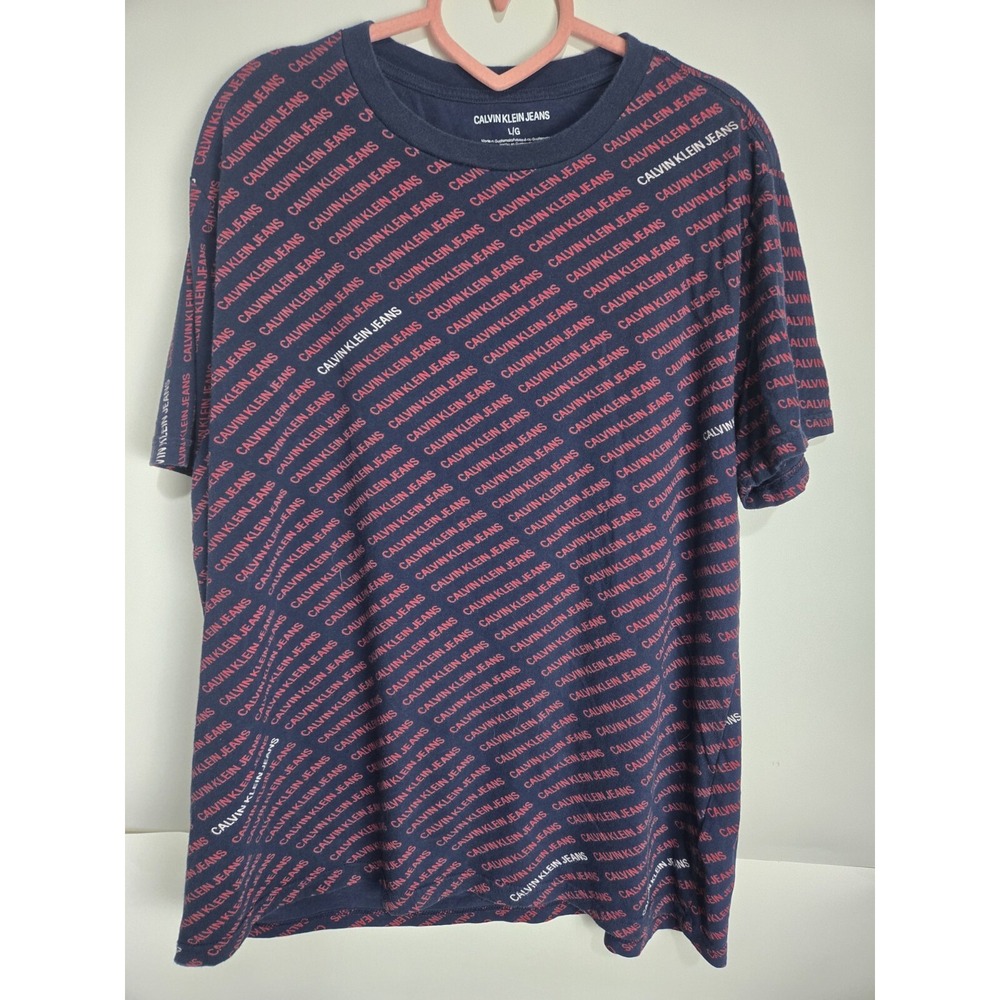 Vintage Y2k Aop Calvin Klein Ck Tee Shirt Size Large Blue Red Spell Out